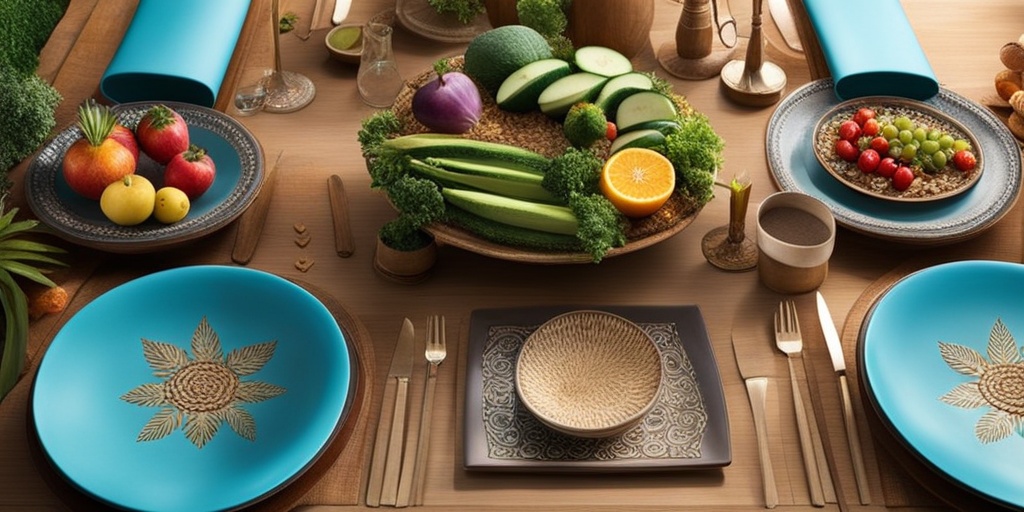 Vibrant and colorful table setting with diverse whole foods and lush greenery, emphasizing natural living.