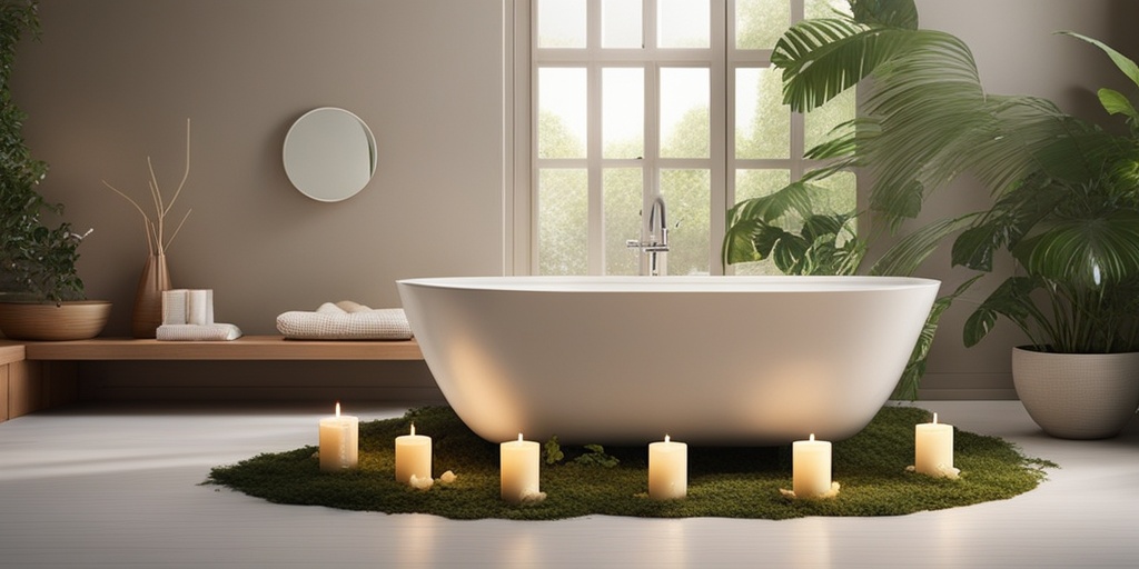 Woman applying topical cream in a serene bathroom setting, surrounded by calming elements, conveying relaxation.