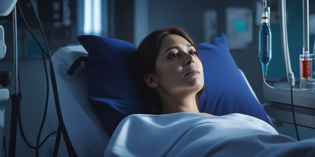 Woman in hospital bed, surrounded by medical equipment, conveying fear and anxiety.