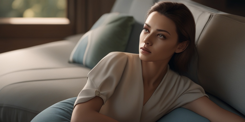 Woman sitting on a couch, looking concerned and uncomfortable, highlighting the emotional toll of Lichen Sclerosus and Vulvodynia.