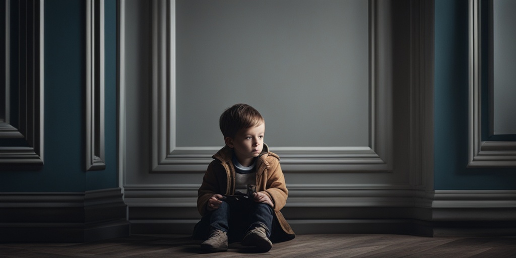 Young child sits alone in a dark, abandoned room, conveying fear and vulnerability, with a subtle blue background.