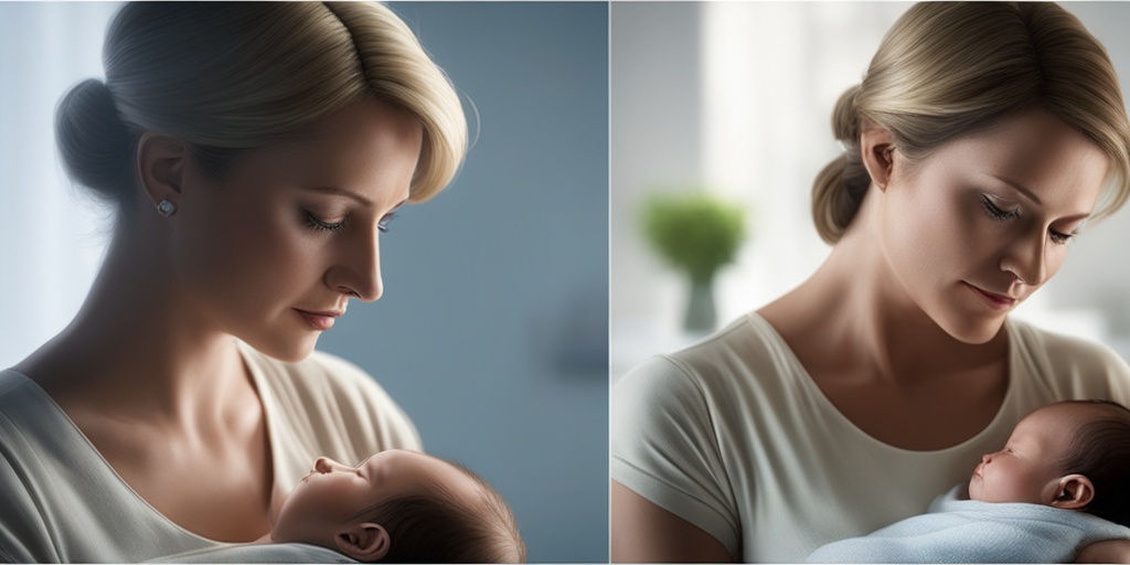 Concerned mother holding infant with subtle hint of brain scan in background, conveying mix of worry and hope.