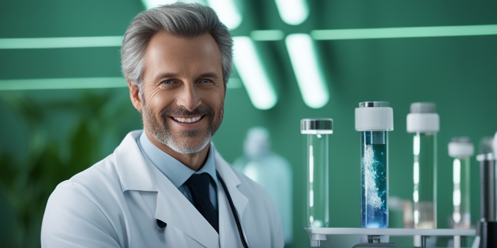 Doctor examines microscope slide with gentle smile, conveying expertise.