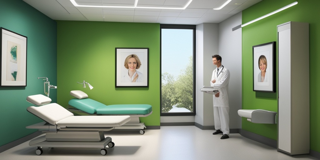 Patient undergoes skin cancer screening in modern examination room with calming green accents.