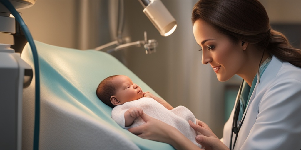 Pediatrician examining newborn baby with brain scan in background, conveying concern and expertise.