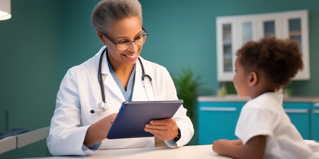 Pediatrician explains treatment options to concerned parent, with child in the background.