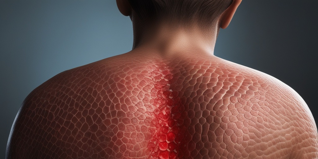 Close-up of a young adult's back, highlighting red, inflamed shingles blisters against healthy skin in a soft blue background.  