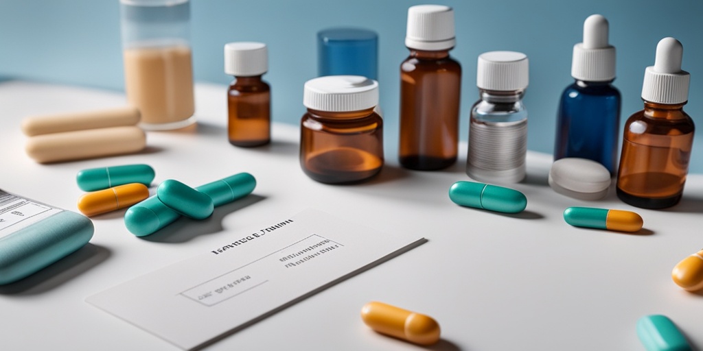 Various medications for Postural Tremor treatment arranged on white surface with blue background, conveying hope and treatment.