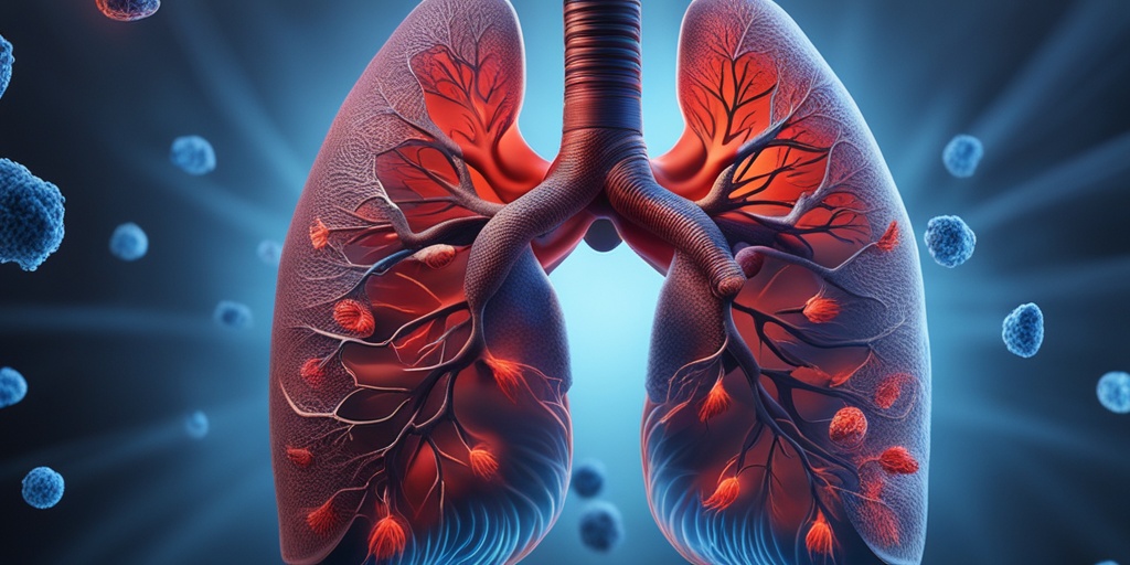 A 3D render contrasts healthy lungs with those damaged by COVID-19, highlighting inflammation and symptoms like cough.  .png