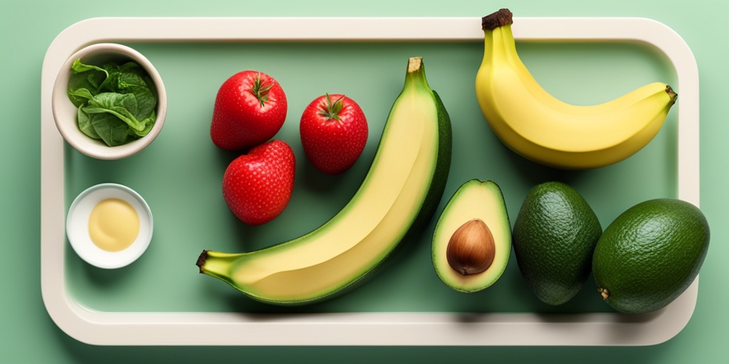 A balanced plate of potassium-rich foods against a soft green background, accompanied by clear intake recommendations for healthy eating..png