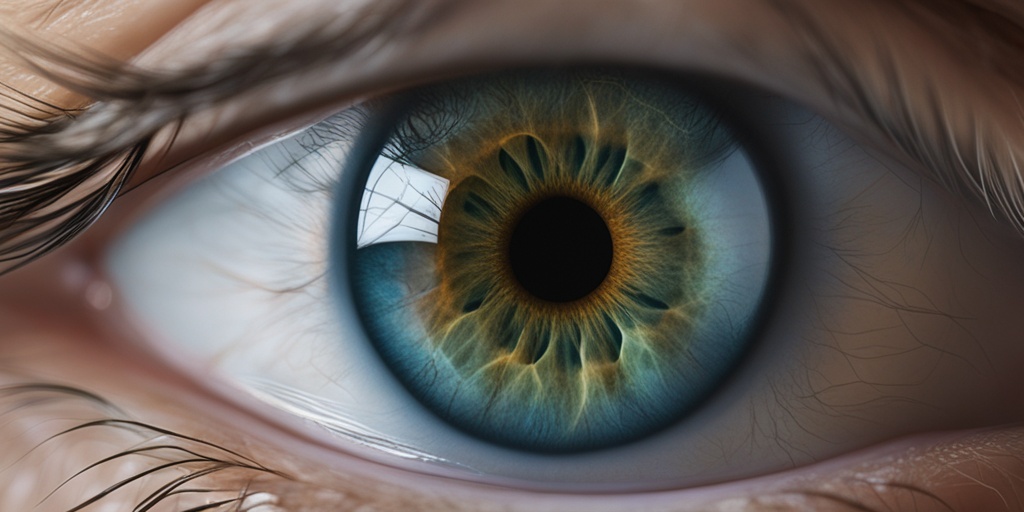 A close-up of an eye shows blurred central vision due to Macular Degeneration, highlighting the condition's impact on sight.  .png