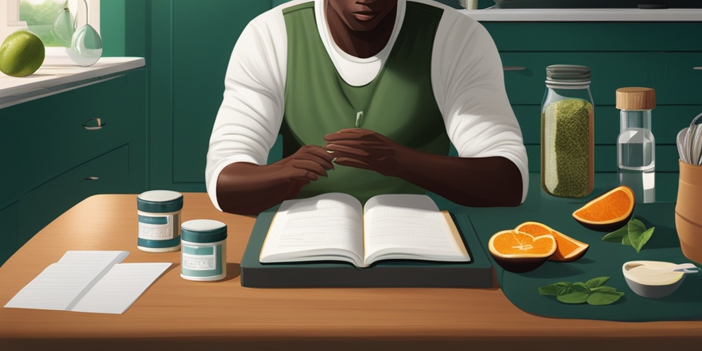 A concerned individual at a kitchen table, surrounded by health items, reflecting on potential side effects of low-carb diets..png