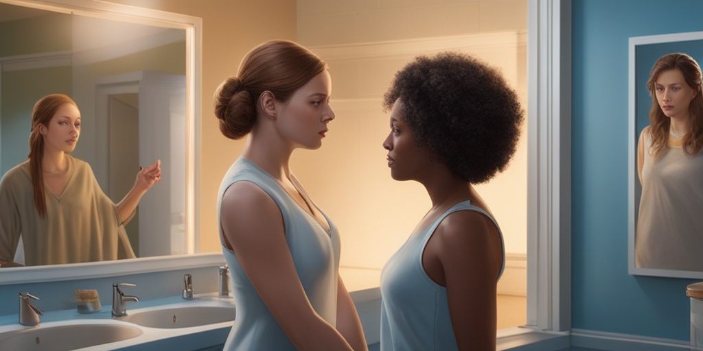 A diverse group examines their skin in a bathroom mirror, showing concern for melanoma symptoms and early detection.  .png