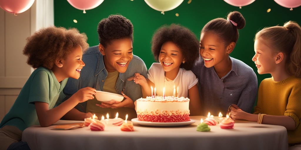 A family celebrates a child's birthday, symbolizing resilience and hope after HLHS treatment, surrounded by friends and joyful decorations.  .png