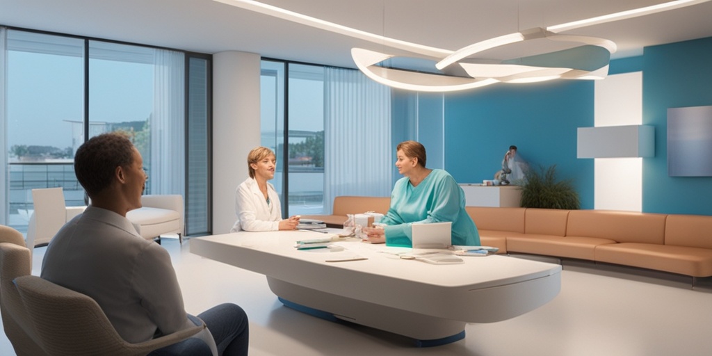 A healthcare professional discusses treatment options for Lennox-Gastaut Syndrome with a family in a modern, calming clinic..png