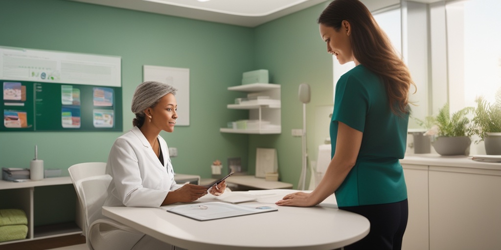 A healthcare professional discusses treatment options for Ovarian Syndrome with an engaged patient, emphasizing informed decision-making in a modern clinic..png