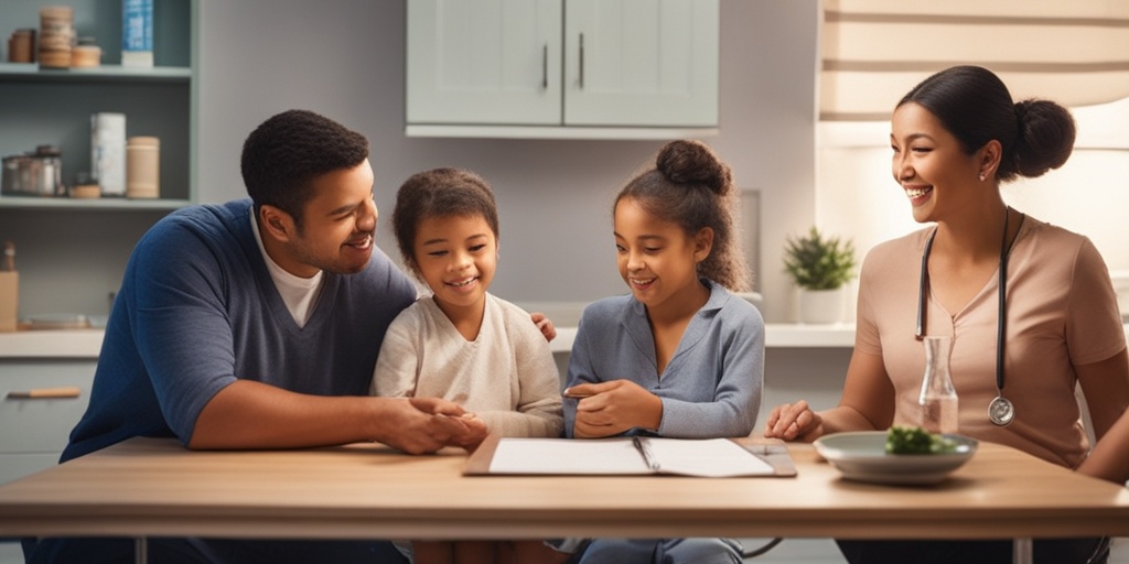 A healthcare professional discusses treatment options with a hopeful family in a warm clinical setting.  .png