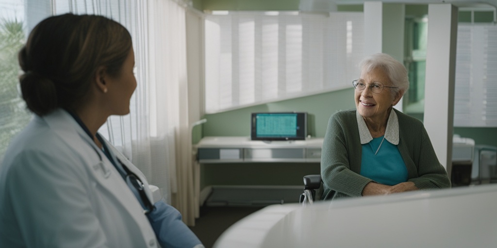 A healthcare professional discusses treatment options with an elderly patient in a modern clinic, emphasizing personalized care and hope.  .png