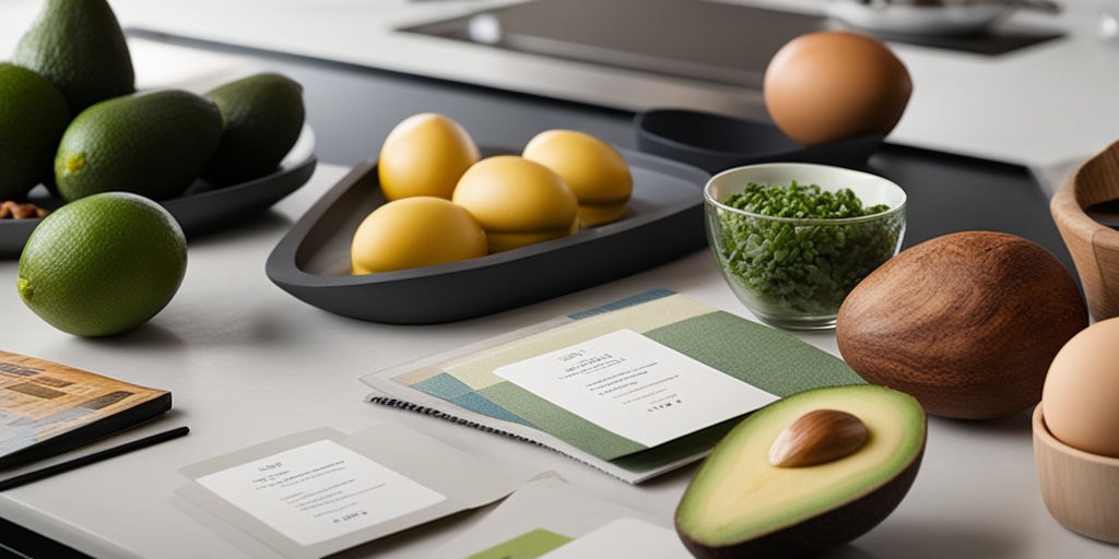 A modern kitchen countertop displaying various low-carb diet plans with fresh ingredients, highlighting healthy eating options..png