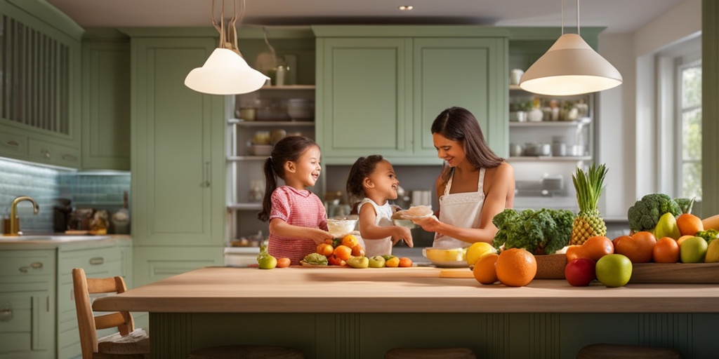 A mother and her twin children joyfully prepare a healthy meal together in a vibrant kitchen filled with fresh produce.  .png