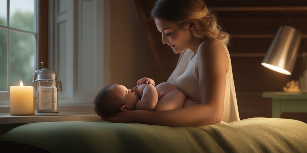 A mother breastfeeds her baby at home, emphasizing proper techniques and self-care in a tranquil, inviting atmosphere.  .png