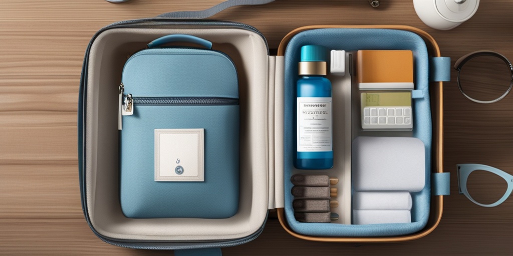 A neatly organized bag for a doctor's visit, containing essential items like a health insurance card and medications.  .png