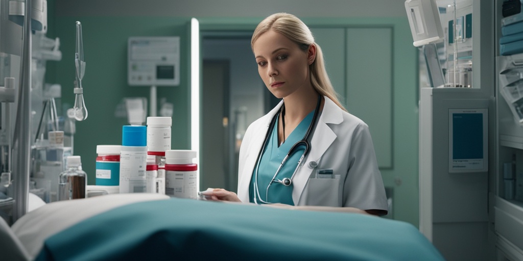 A nurse prepares medication at a bedside, highlighting a potential error on a medication label amidst a cluttered cart..png