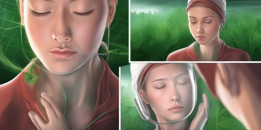 A patient holds their head in discomfort, surrounded by a supportive medical professional in a calming green background.  .png