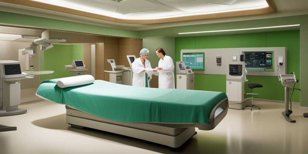 A patient receives targeted radiation therapy in a bright, modern facility, with medical professionals discussing care and treatment plans.  .png