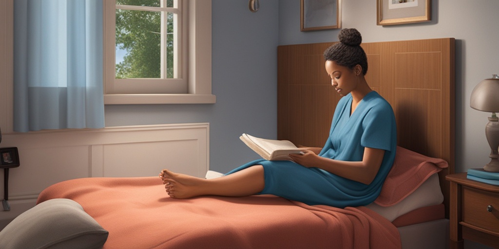 A patient rests at home post-surgery, with their foot elevated and surrounded by comforting items, reflecting a hopeful recovery journey.  .png