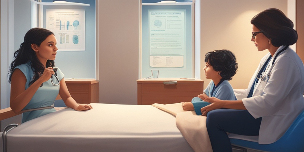 A pediatrician discusses twin health risks with concerned parents in a bright examination room, emphasizing proactive health management.  .png