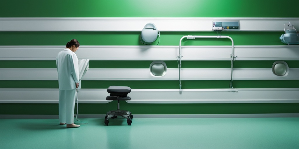 A person in a clinical setting expresses discomfort from kidney stones, surrounded by medical equipment and soothing colors.  .png