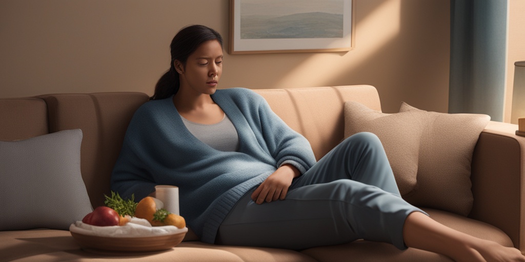 A person sits on a couch, visibly distressed, indicating abdominal pain while surrounded by comforting items.  .png