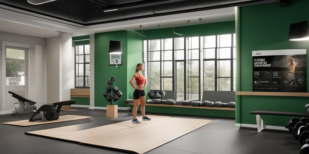 A personal trainer demonstrates safe squat techniques in a well-organized gym, promoting safe exercise practices for back pain management.  .png