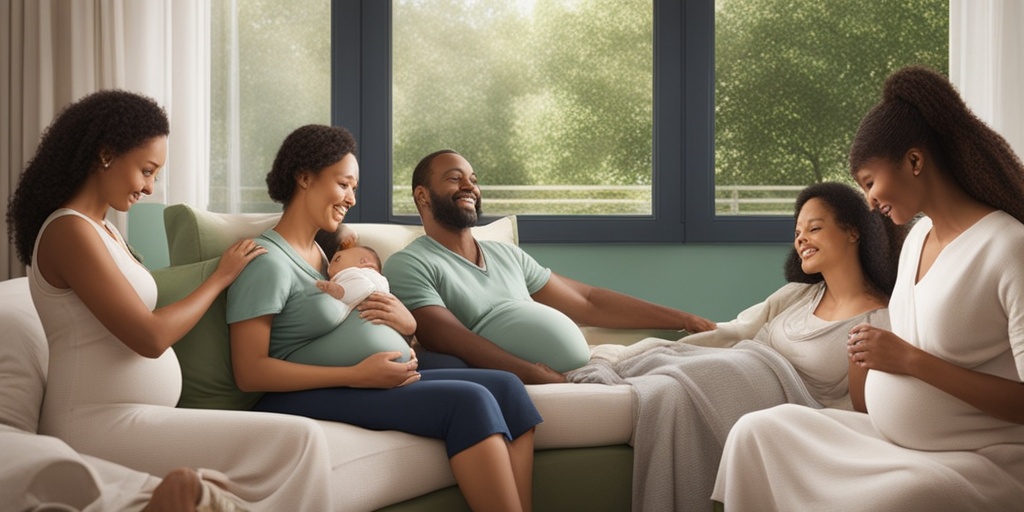 A pregnant individual surrounded by family, engaging in birth preparations with a hospital bag and relaxation techniques.  .png