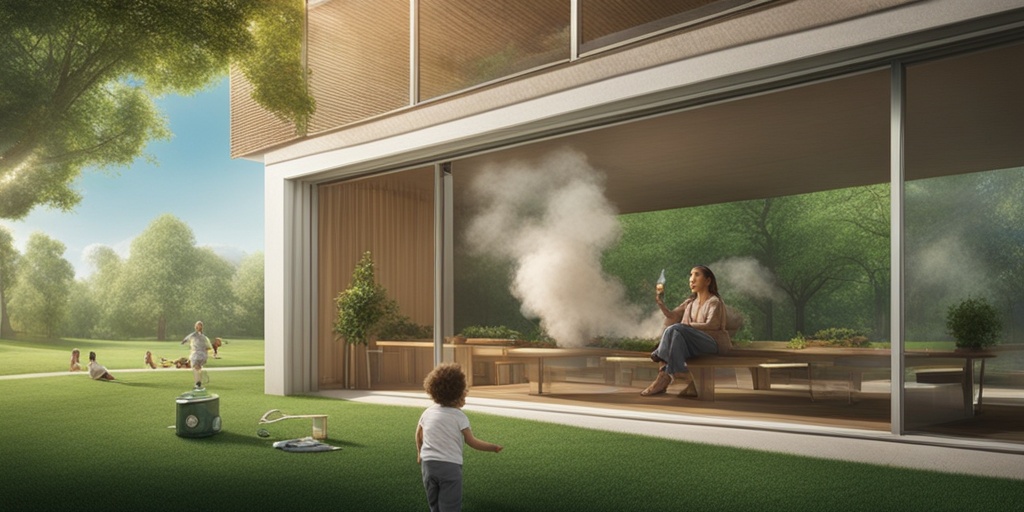 A split-screen image contrasts smoking indoors with a child playing outside, emphasizing asthma risk factors and healthy choices.  .png