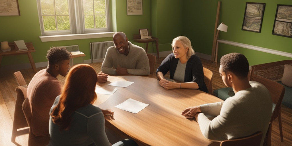 A support group meeting in a warmly lit room, fostering empathy and community among participants sharing experiences.  .png