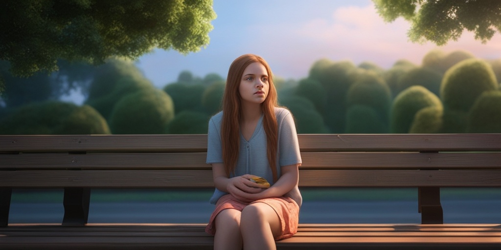 A teenage girl shows fatigue on a park bench, holding her stomach, with a glucose meter nearby, highlighting her struggles.  .png