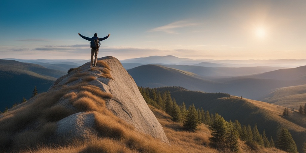 A triumphant individual on a mountain peak, symbolizing freedom and achievement in their successful recovery journey.  .png