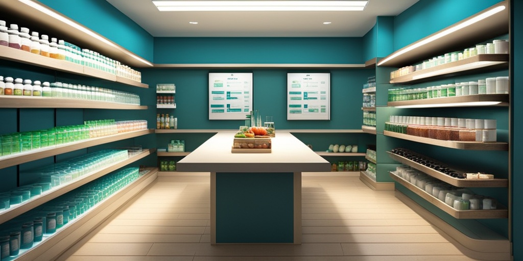 A well-organized pharmacy shelf displaying labeled medications for Ulcerative Colitis alongside healthy food options on a table..png