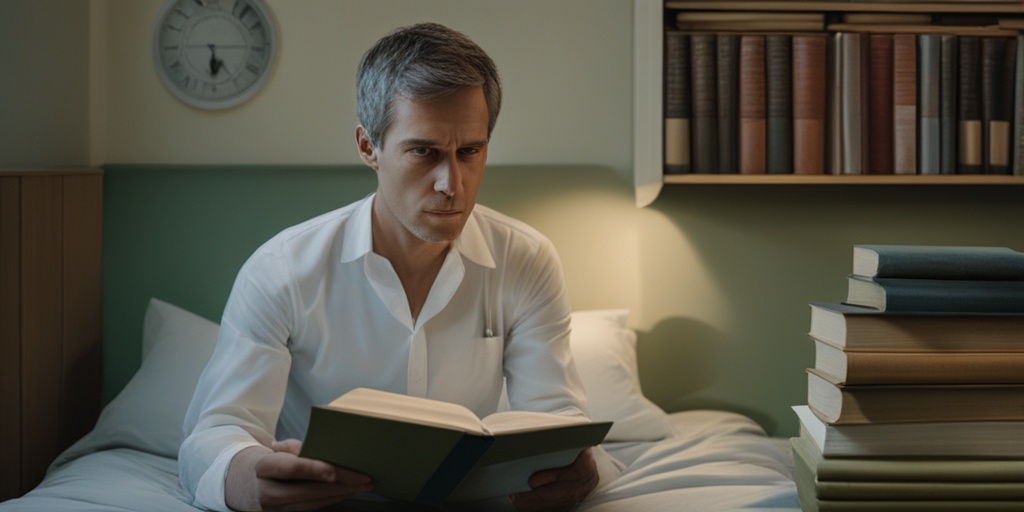 A young adult displaying fatigue and swollen lymph nodes, seated in a cozy room surrounded by medical resources.  .png