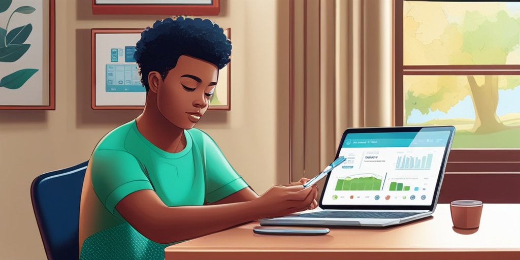 A young adult reviews a diabetes management app at a desk, surrounded by insulin pens and balanced meals.  .png