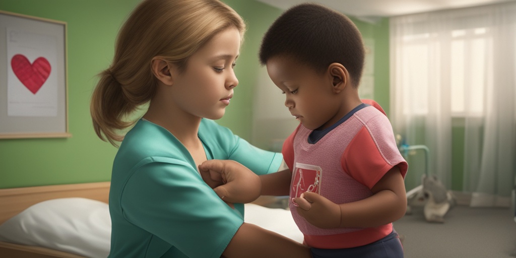 A young child in a clinic shows signs of HLHS, with a caring nurse checking their vitals amidst toys and charts.  .png