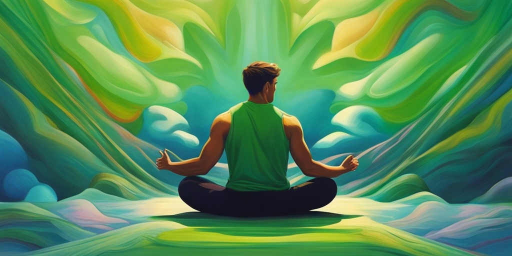 A young man meditates as colorful wisps symbolize stress dissipating, set against a soothing green and blue background.  .png