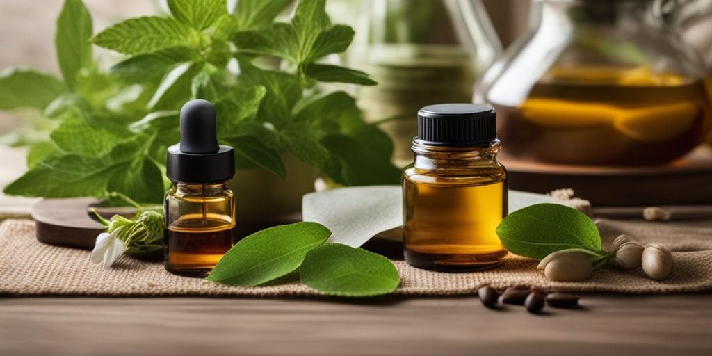 An array of home remedies for RSD displayed on a wooden table, promoting healing and tranquility in a soft green ambiance.  .png