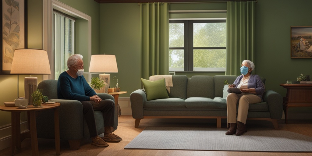 An elderly couple in masks converse in a cozy room, surrounded by medication, reflecting concern and the need for care.  .png