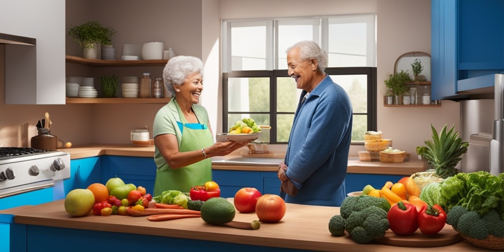 An elderly couple prepares a colorful, antioxidant-rich meal in a vibrant kitchen, promoting healthy lifestyle choices for vision health.  .png