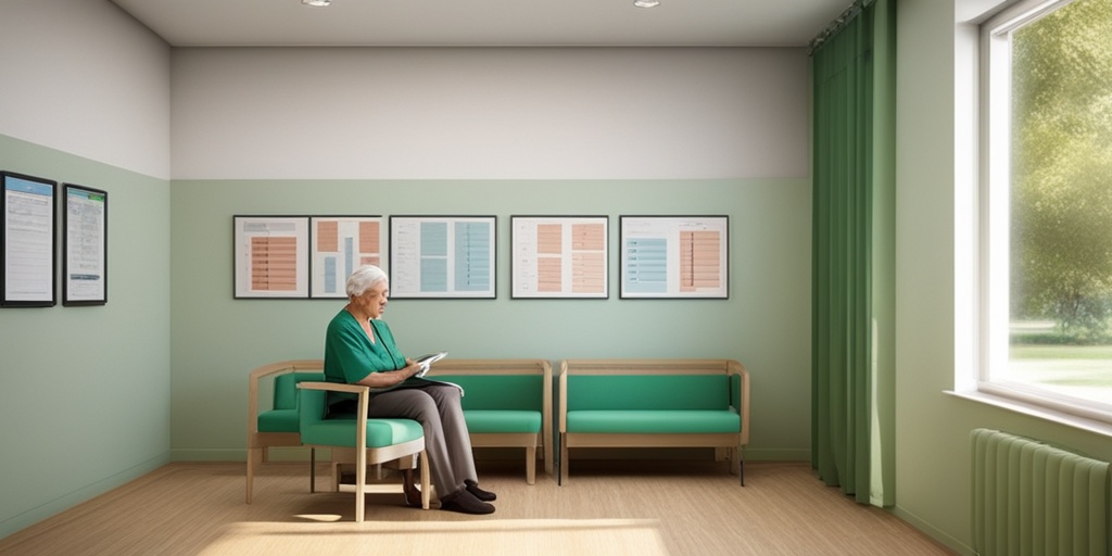 An elderly man looks relieved during a follow-up appointment, while a nurse reviews his chart in a welcoming clinic.  .png