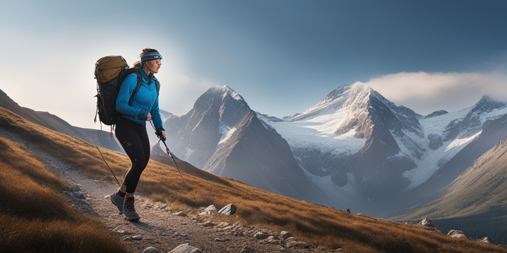 An individual shows resilience after High Altitude Illness, hiking with endurance challenges against majestic mountains in earthy tones.  .png