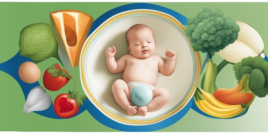 An informative depiction of factors influencing fetal development, showcasing healthy foods and prenatal vitamins in a nurturing environment.  .png